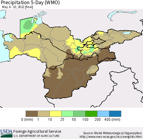 Central Asia Precipitation 5-Day (WMO) Thematic Map For 5/6/2022 - 5/10/2022