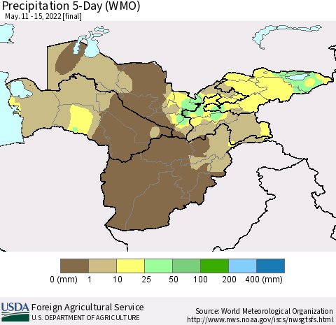 Central Asia Precipitation 5-Day (WMO) Thematic Map For 5/11/2022 - 5/15/2022