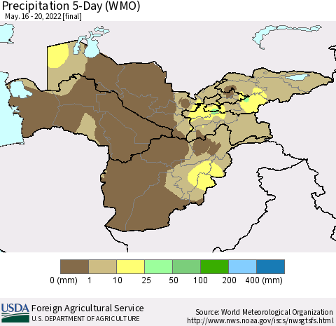Central Asia Precipitation 5-Day (WMO) Thematic Map For 5/16/2022 - 5/20/2022