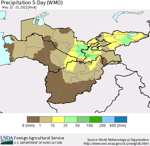 Central Asia Precipitation 5-Day (WMO) Thematic Map For 5/21/2022 - 5/25/2022
