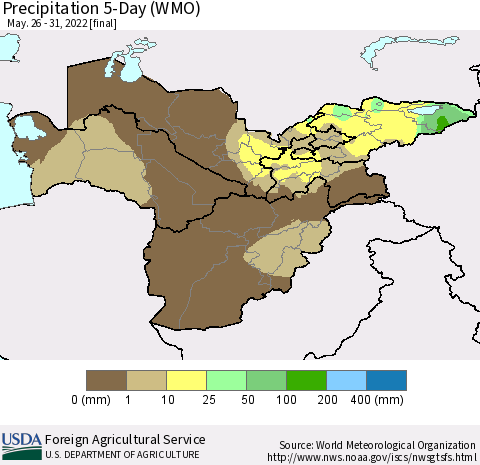 Central Asia Precipitation 5-Day (WMO) Thematic Map For 5/26/2022 - 5/31/2022