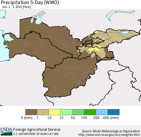 Central Asia Precipitation 5-Day (WMO) Thematic Map For 6/1/2022 - 6/5/2022