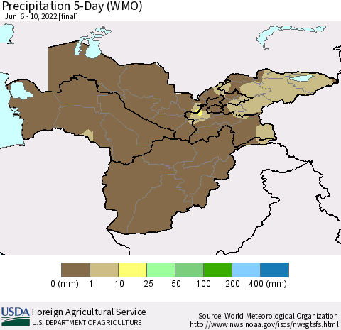 Central Asia Precipitation 5-Day (WMO) Thematic Map For 6/6/2022 - 6/10/2022