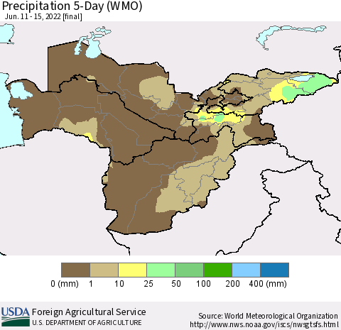 Central Asia Precipitation 5-Day (WMO) Thematic Map For 6/11/2022 - 6/15/2022