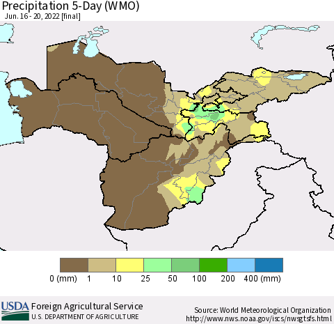 Central Asia Precipitation 5-Day (WMO) Thematic Map For 6/16/2022 - 6/20/2022