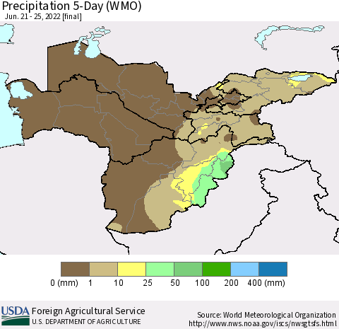 Central Asia Precipitation 5-Day (WMO) Thematic Map For 6/21/2022 - 6/25/2022
