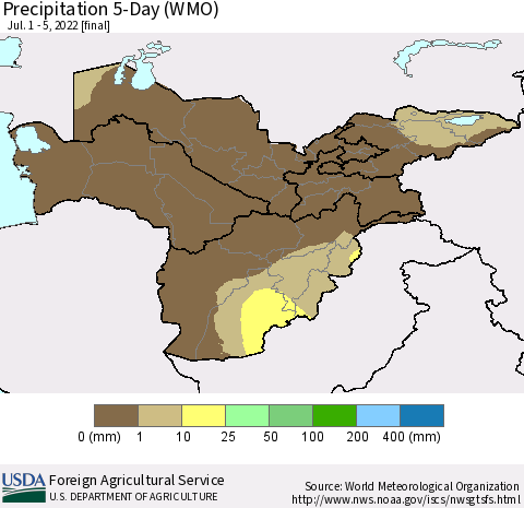 Central Asia Precipitation 5-Day (WMO) Thematic Map For 7/1/2022 - 7/5/2022