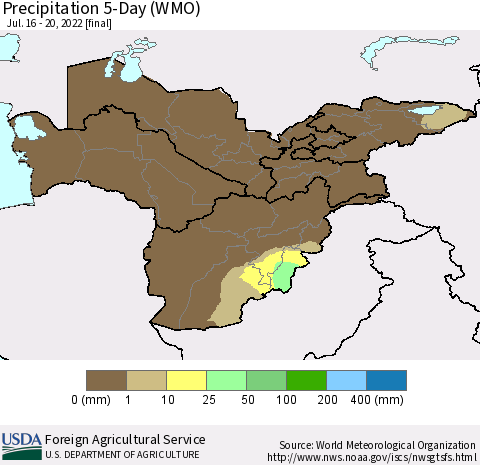 Central Asia Precipitation 5-Day (WMO) Thematic Map For 7/16/2022 - 7/20/2022