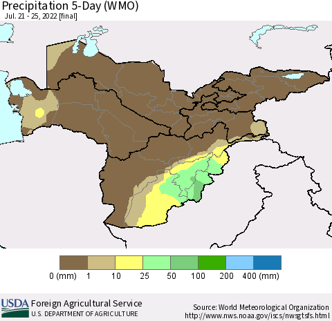 Central Asia Precipitation 5-Day (WMO) Thematic Map For 7/21/2022 - 7/25/2022