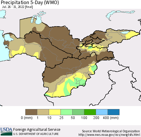 Central Asia Precipitation 5-Day (WMO) Thematic Map For 7/26/2022 - 7/31/2022
