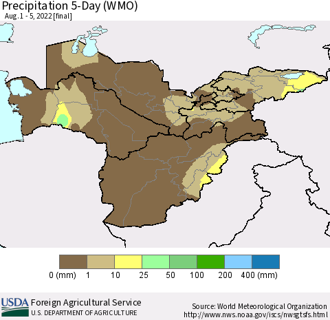 Central Asia Precipitation 5-Day (WMO) Thematic Map For 8/1/2022 - 8/5/2022