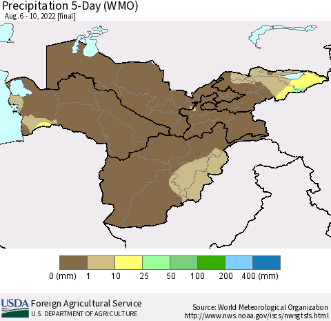 Central Asia Precipitation 5-Day (WMO) Thematic Map For 8/6/2022 - 8/10/2022
