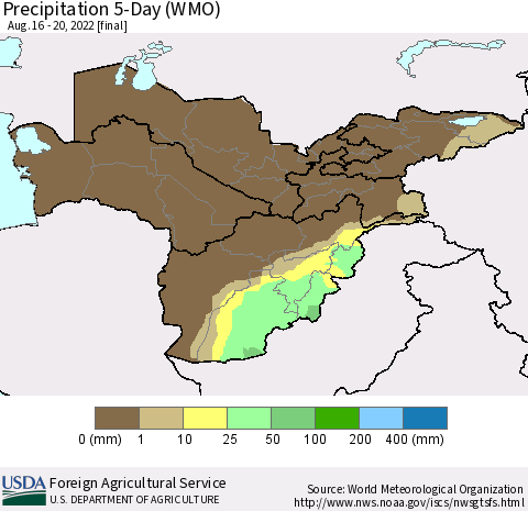 Central Asia Precipitation 5-Day (WMO) Thematic Map For 8/16/2022 - 8/20/2022