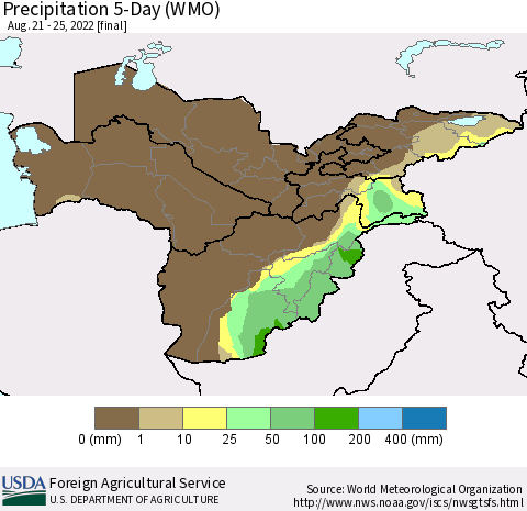 Central Asia Precipitation 5-Day (WMO) Thematic Map For 8/21/2022 - 8/25/2022