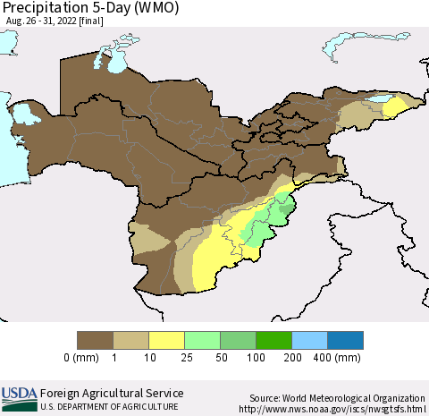 Central Asia Precipitation 5-Day (WMO) Thematic Map For 8/26/2022 - 8/31/2022