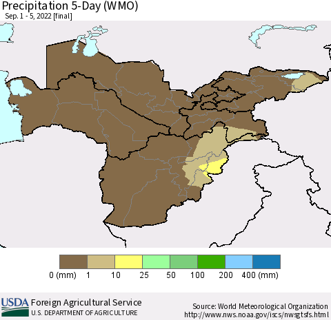 Central Asia Precipitation 5-Day (WMO) Thematic Map For 9/1/2022 - 9/5/2022