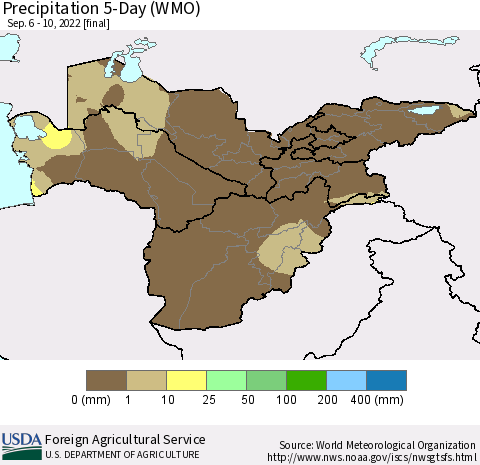 Central Asia Precipitation 5-Day (WMO) Thematic Map For 9/6/2022 - 9/10/2022
