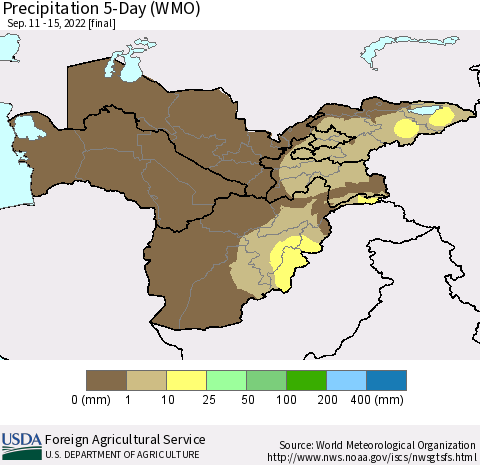 Central Asia Precipitation 5-Day (WMO) Thematic Map For 9/11/2022 - 9/15/2022