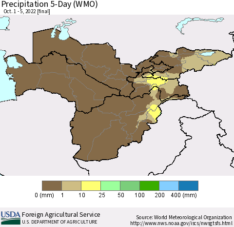 Central Asia Precipitation 5-Day (WMO) Thematic Map For 10/1/2022 - 10/5/2022