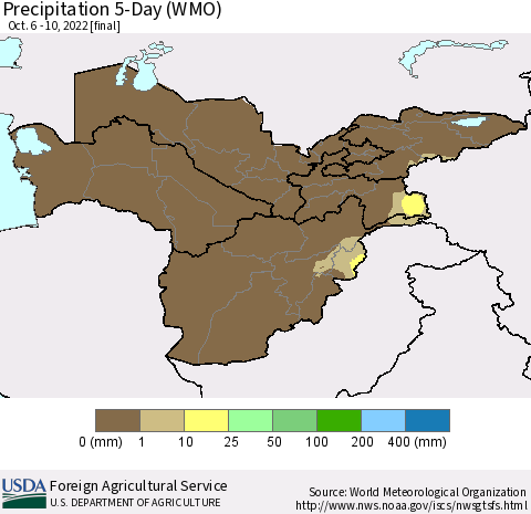 Central Asia Precipitation 5-Day (WMO) Thematic Map For 10/6/2022 - 10/10/2022