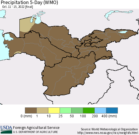 Central Asia Precipitation 5-Day (WMO) Thematic Map For 10/11/2022 - 10/15/2022