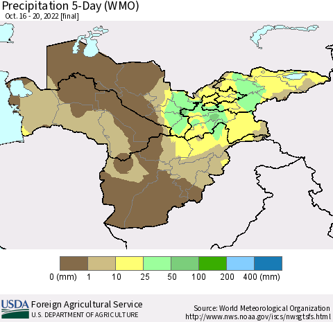 Central Asia Precipitation 5-Day (WMO) Thematic Map For 10/16/2022 - 10/20/2022