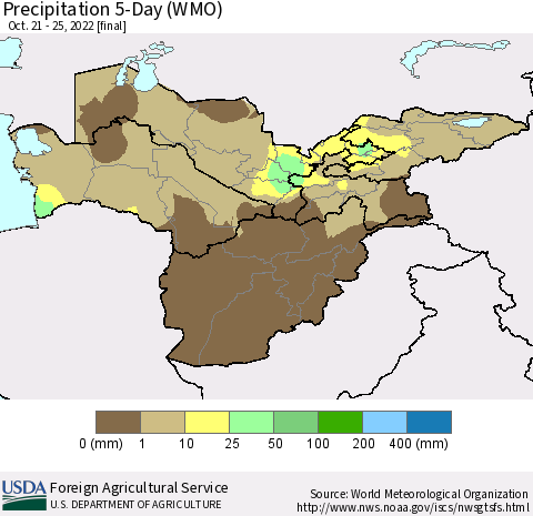 Central Asia Precipitation 5-Day (WMO) Thematic Map For 10/21/2022 - 10/25/2022