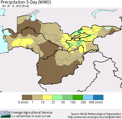 Central Asia Precipitation 5-Day (WMO) Thematic Map For 10/26/2022 - 10/31/2022