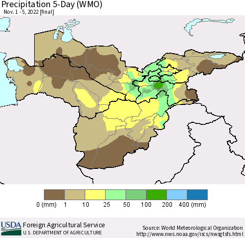 Central Asia Precipitation 5-Day (WMO) Thematic Map For 11/1/2022 - 11/5/2022