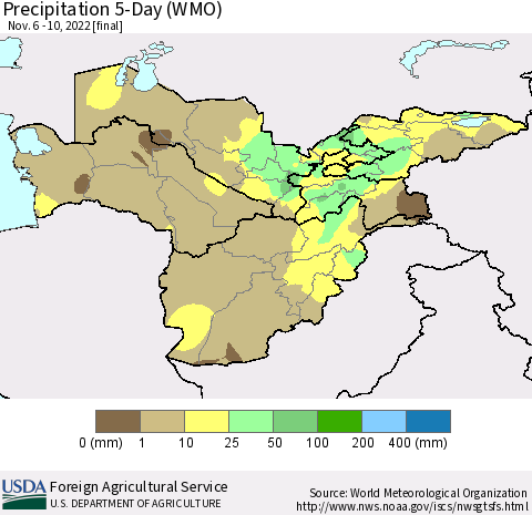 Central Asia Precipitation 5-Day (WMO) Thematic Map For 11/6/2022 - 11/10/2022