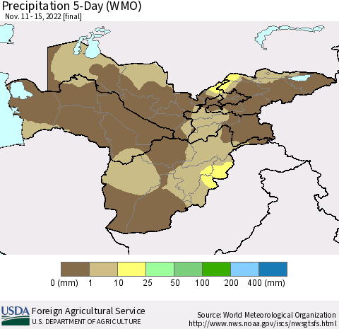 Central Asia Precipitation 5-Day (WMO) Thematic Map For 11/11/2022 - 11/15/2022