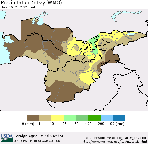 Central Asia Precipitation 5-Day (WMO) Thematic Map For 11/16/2022 - 11/20/2022
