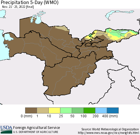 Central Asia Precipitation 5-Day (WMO) Thematic Map For 11/21/2022 - 11/25/2022