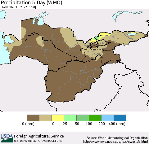 Central Asia Precipitation 5-Day (WMO) Thematic Map For 11/26/2022 - 11/30/2022