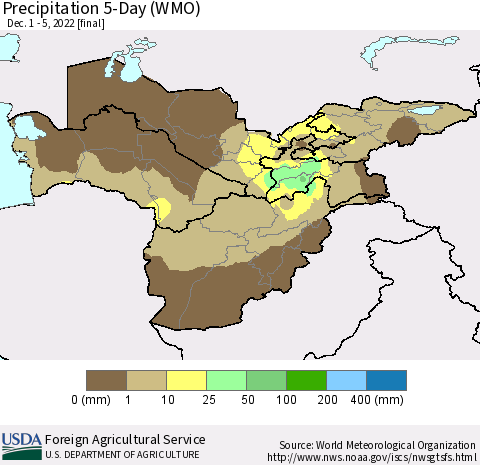 Central Asia Precipitation 5-Day (WMO) Thematic Map For 12/1/2022 - 12/5/2022