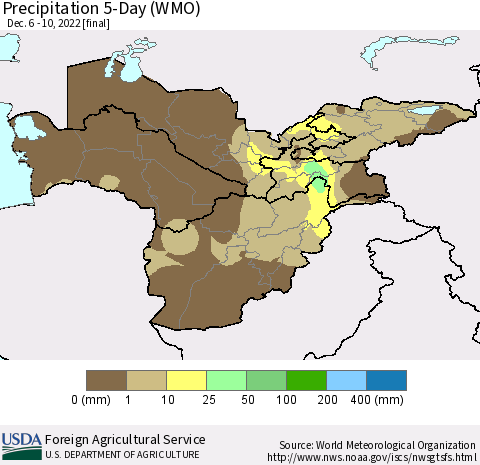 Central Asia Precipitation 5-Day (WMO) Thematic Map For 12/6/2022 - 12/10/2022