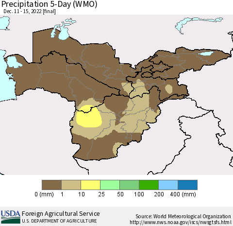 Central Asia Precipitation 5-Day (WMO) Thematic Map For 12/11/2022 - 12/15/2022
