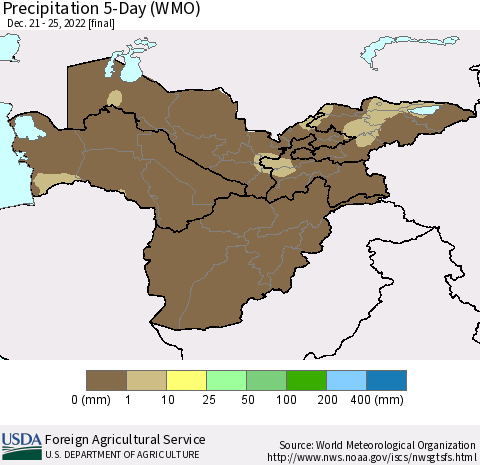 Central Asia Precipitation 5-Day (WMO) Thematic Map For 12/21/2022 - 12/25/2022