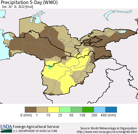 Central Asia Precipitation 5-Day (WMO) Thematic Map For 12/26/2022 - 12/31/2022