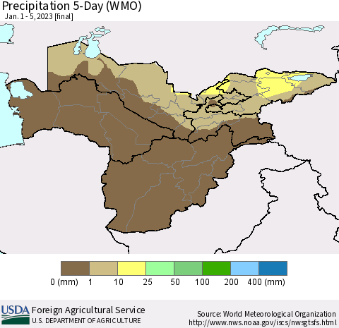 Central Asia Precipitation 5-Day (WMO) Thematic Map For 1/1/2023 - 1/5/2023
