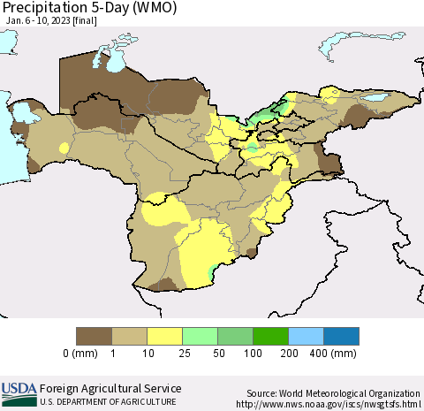 Central Asia Precipitation 5-Day (WMO) Thematic Map For 1/6/2023 - 1/10/2023