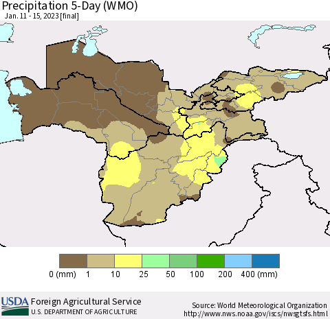 Central Asia Precipitation 5-Day (WMO) Thematic Map For 1/11/2023 - 1/15/2023
