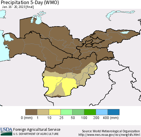 Central Asia Precipitation 5-Day (WMO) Thematic Map For 1/16/2023 - 1/20/2023