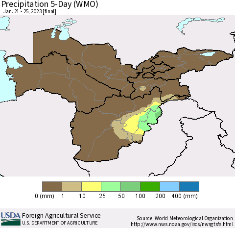 Central Asia Precipitation 5-Day (WMO) Thematic Map For 1/21/2023 - 1/25/2023