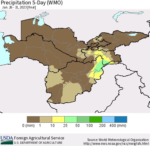 Central Asia Precipitation 5-Day (WMO) Thematic Map For 1/26/2023 - 1/31/2023