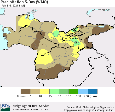 Central Asia Precipitation 5-Day (WMO) Thematic Map For 2/1/2023 - 2/5/2023