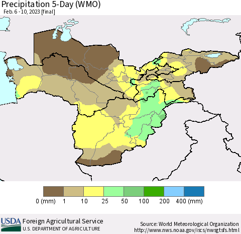 Central Asia Precipitation 5-Day (WMO) Thematic Map For 2/6/2023 - 2/10/2023