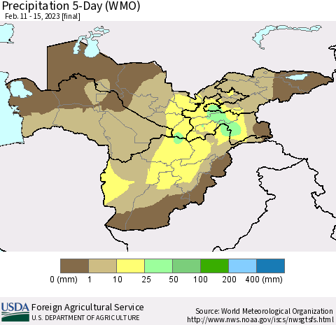 Central Asia Precipitation 5-Day (WMO) Thematic Map For 2/11/2023 - 2/15/2023
