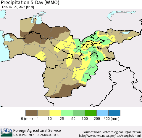 Central Asia Precipitation 5-Day (WMO) Thematic Map For 2/16/2023 - 2/20/2023