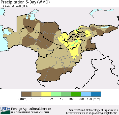 Central Asia Precipitation 5-Day (WMO) Thematic Map For 2/21/2023 - 2/25/2023
